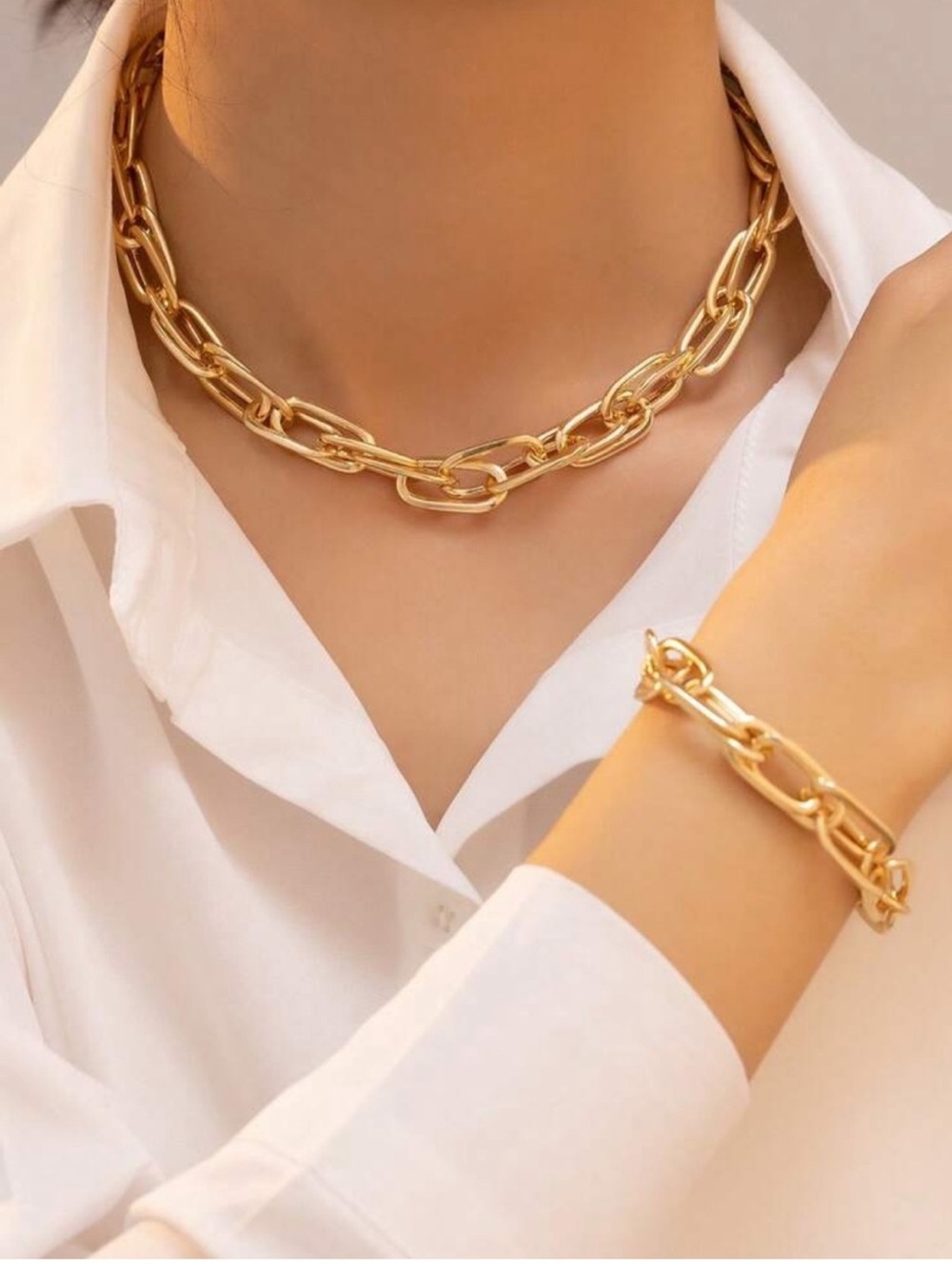 Chunky Gold Link Necklace & Bracelet Set